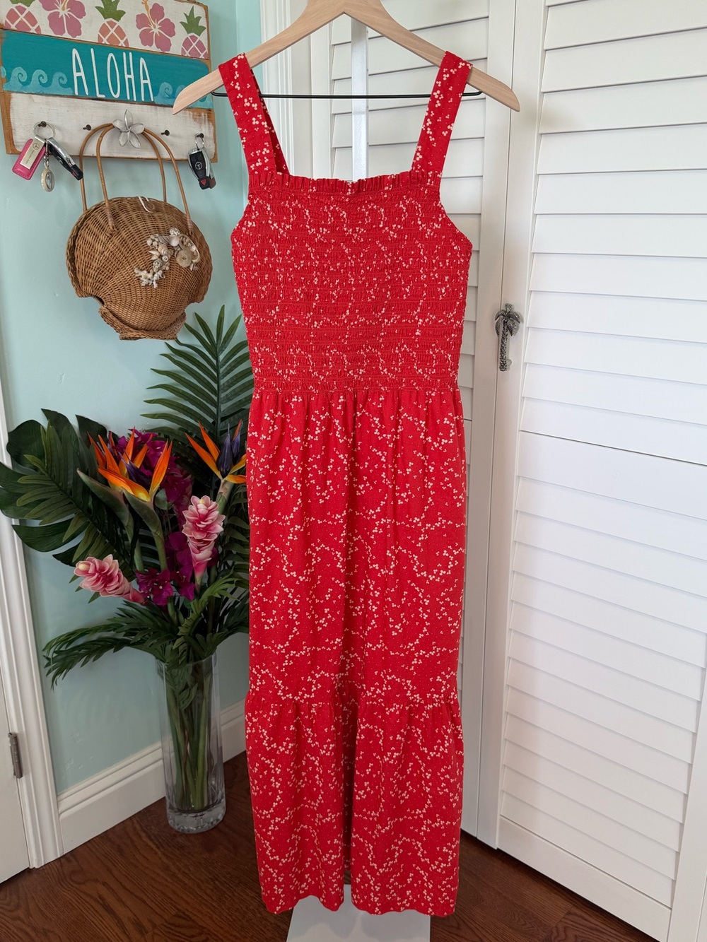 Everlane Red Floral Smocked Maxi Dress with Wide Straps